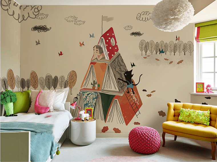 Whimsical Autumn Adventure mural in kids' room with colourful sofa, modern bed, and vibrant wall decor.