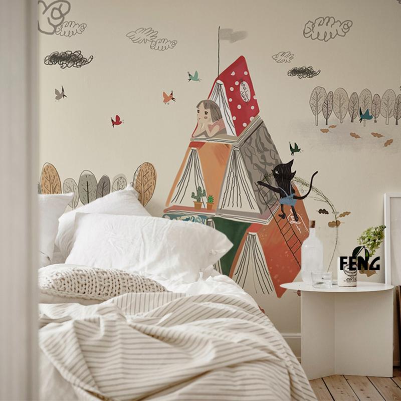 Whimsical Autumn Adventure mural wallpaper in earthy tones; children's bedroom decor with wooden flooring.