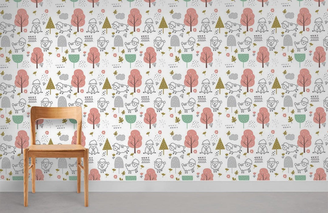 Whimsical Woodland Creatures Nursery Wallpaper with Pastel Patterns, wooden chair, grey flooring, playful decor.