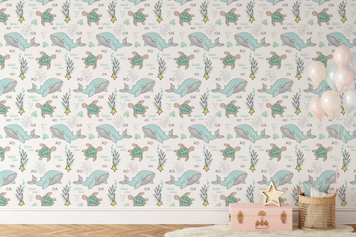 Aqua Marine Adventure ocean-themed wallpaper with nautical creatures pattern, wooden floor, balloons, pink chest.