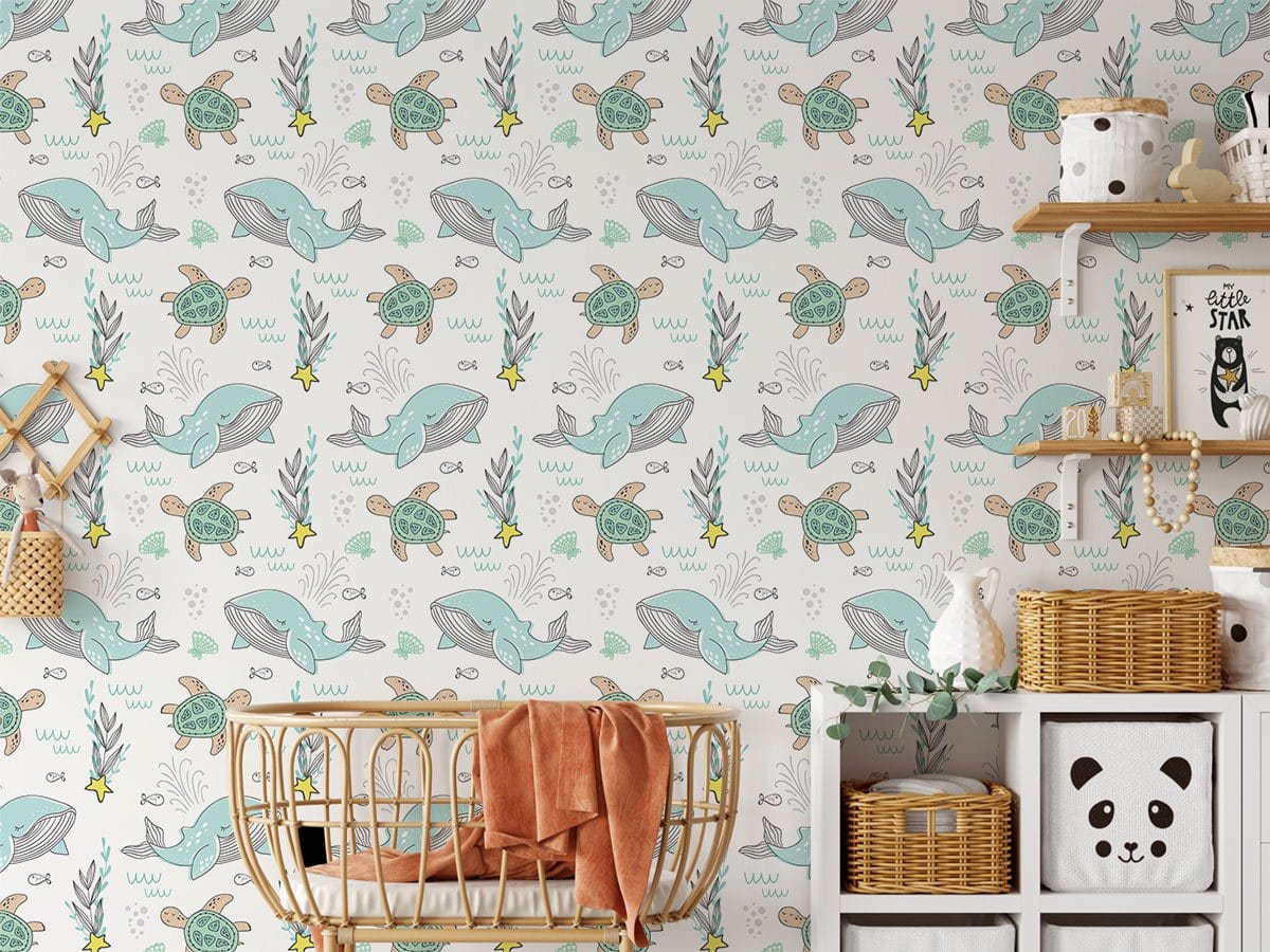 Aqua Marine Adventure children's ocean-themed wallpaper with nautical creatures, wicker crib, white shelves, nursery.