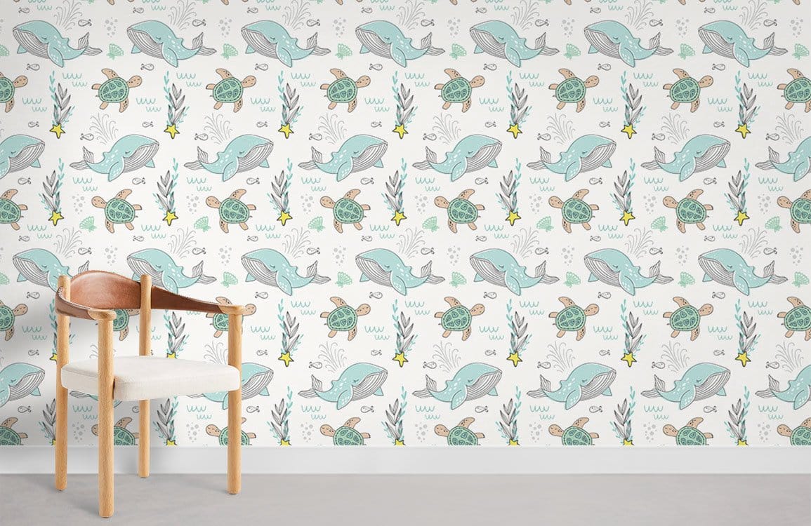 Whale and Turtle Cartoon Mural Wallpaper Room