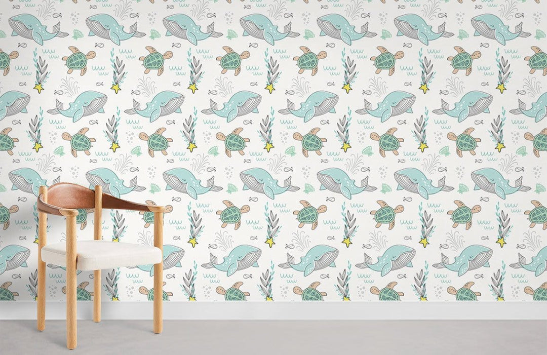 Aqua Marine Adventure children's ocean wallpaper with nautical creatures, wooden chair, grey flooring in nursery.