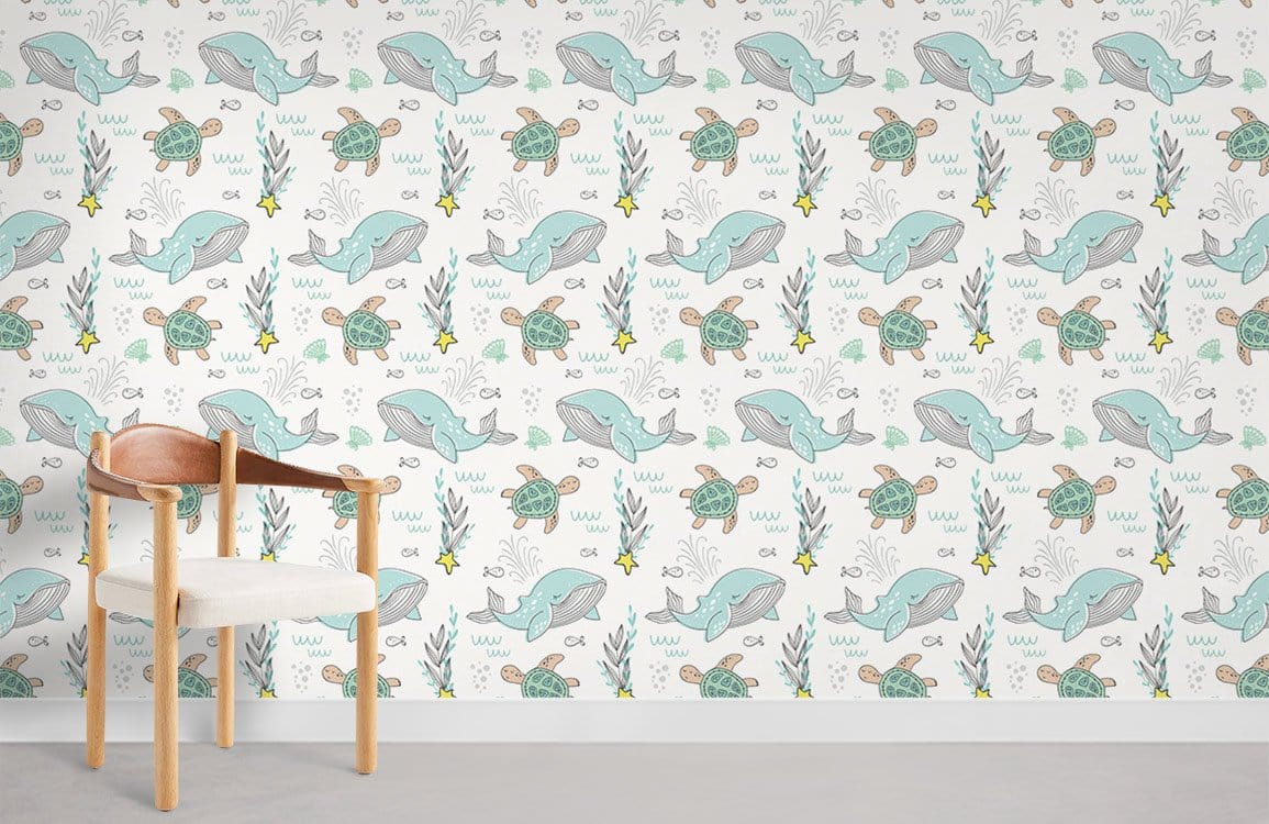 Aqua Marine Adventure children's ocean wallpaper with nautical creatures, wooden chair, grey flooring in nursery.