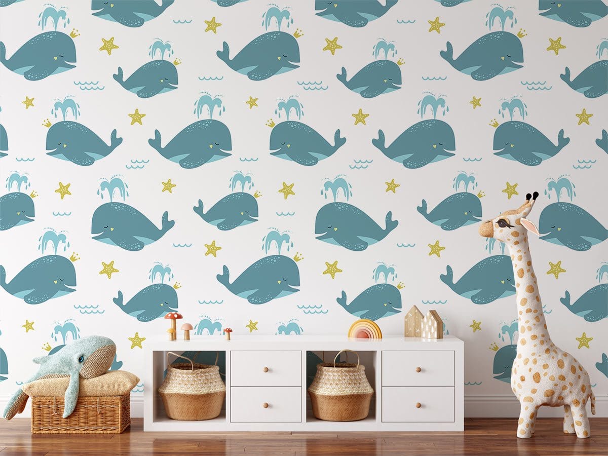 Playful Blue Whale children's wallpaper, nautical theme, white drawers, giraffe decor, wooden flooring, nursery.