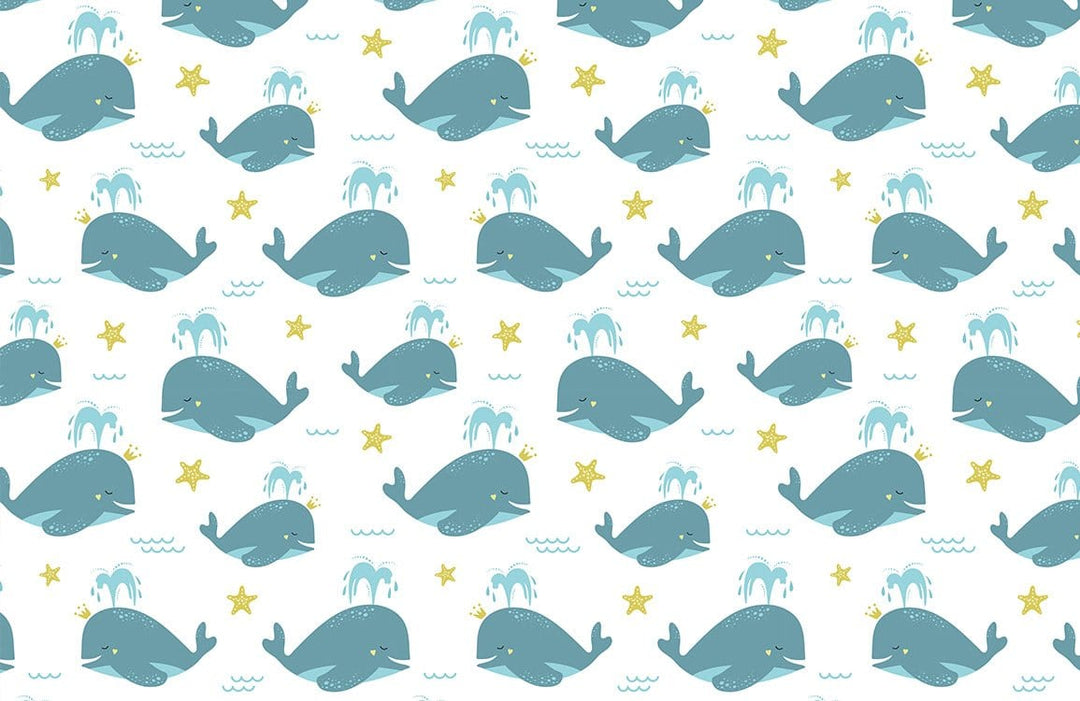 Playful Blue Whale Children's Wallpaper with Nautical Theme and Stars