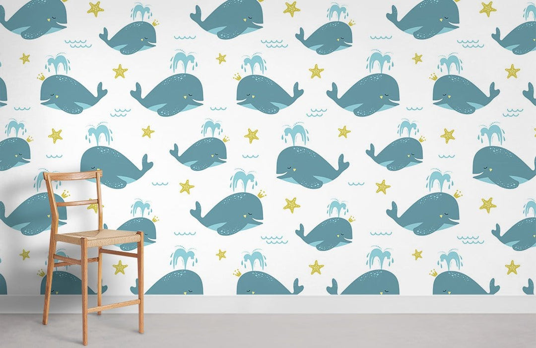 Blue whale children's wallpaper with nautical theme, stars, wooden chair, white wall, concrete flooring.