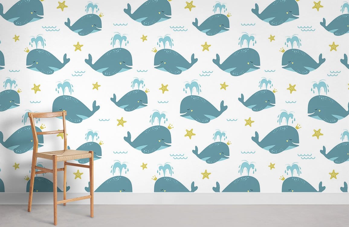 Blue whale children's wallpaper with nautical theme, stars, wooden chair, white wall, concrete flooring.