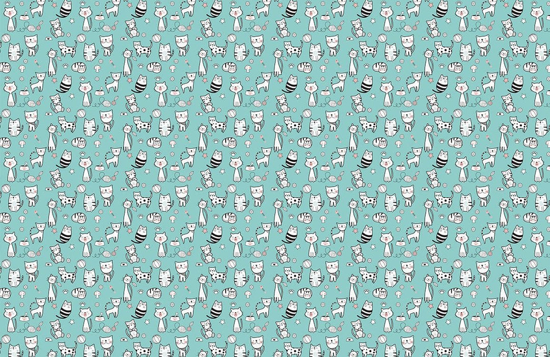 Whimsical Cat Pattern Turquoise Wallpaper for Playful Children's Room Decor
