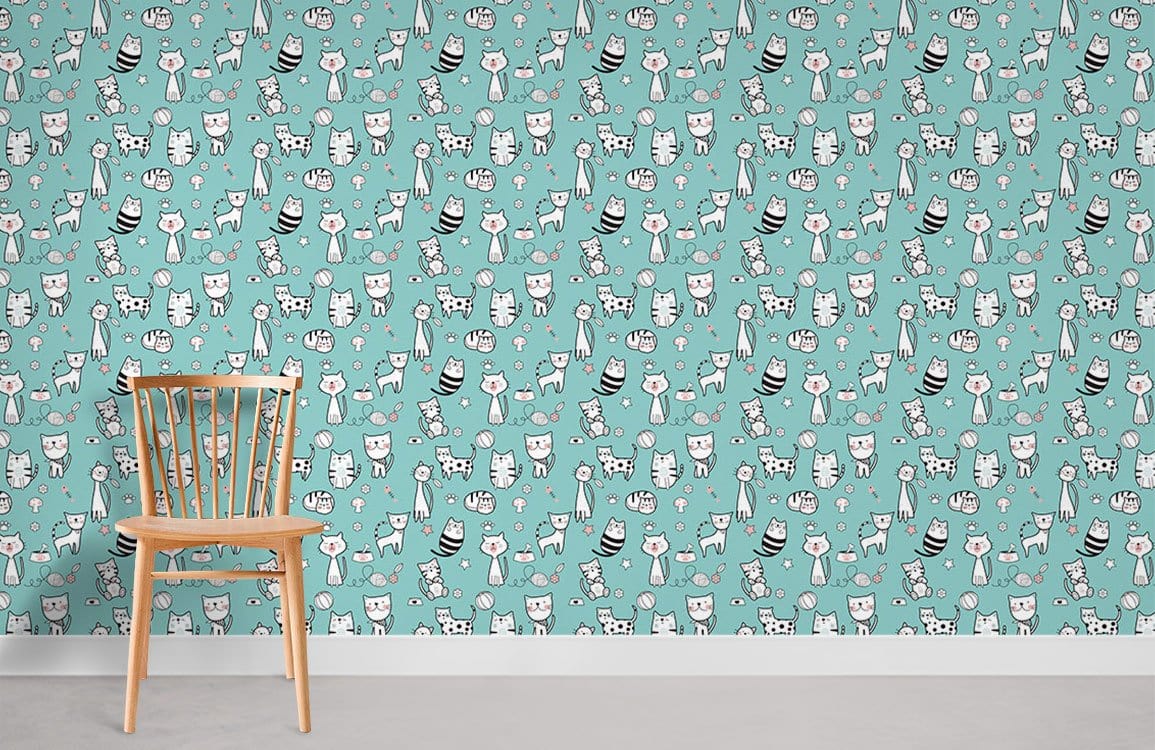 Turquoise cat pattern wallpaper, playful children's room, wooden chair, light grey floor.