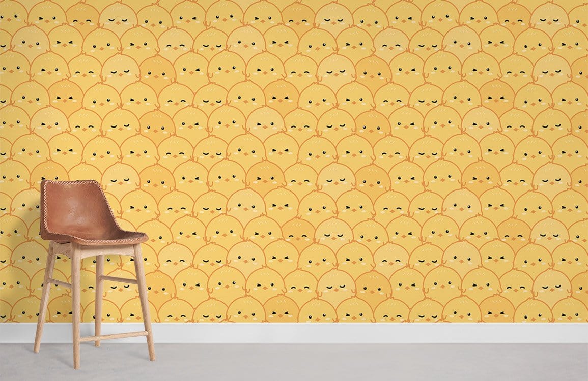 Sunny yellow chick wallpaper, playful kids' room decor, brown leather chair, modern minimalistic style.