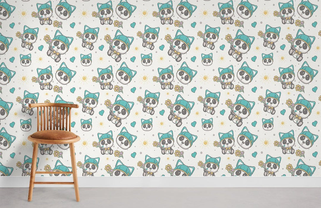 Whimsical teal and grey cartoon animal wallpaper for kids' rooms, wooden chair, grey floor, playful decor.
