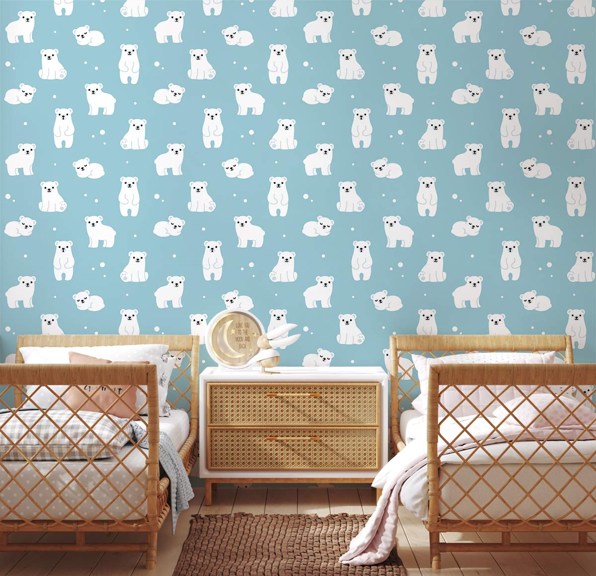Polar Bear Wonderland blue wallpaper in children's nursery with wicker beds and wooden flooring design.