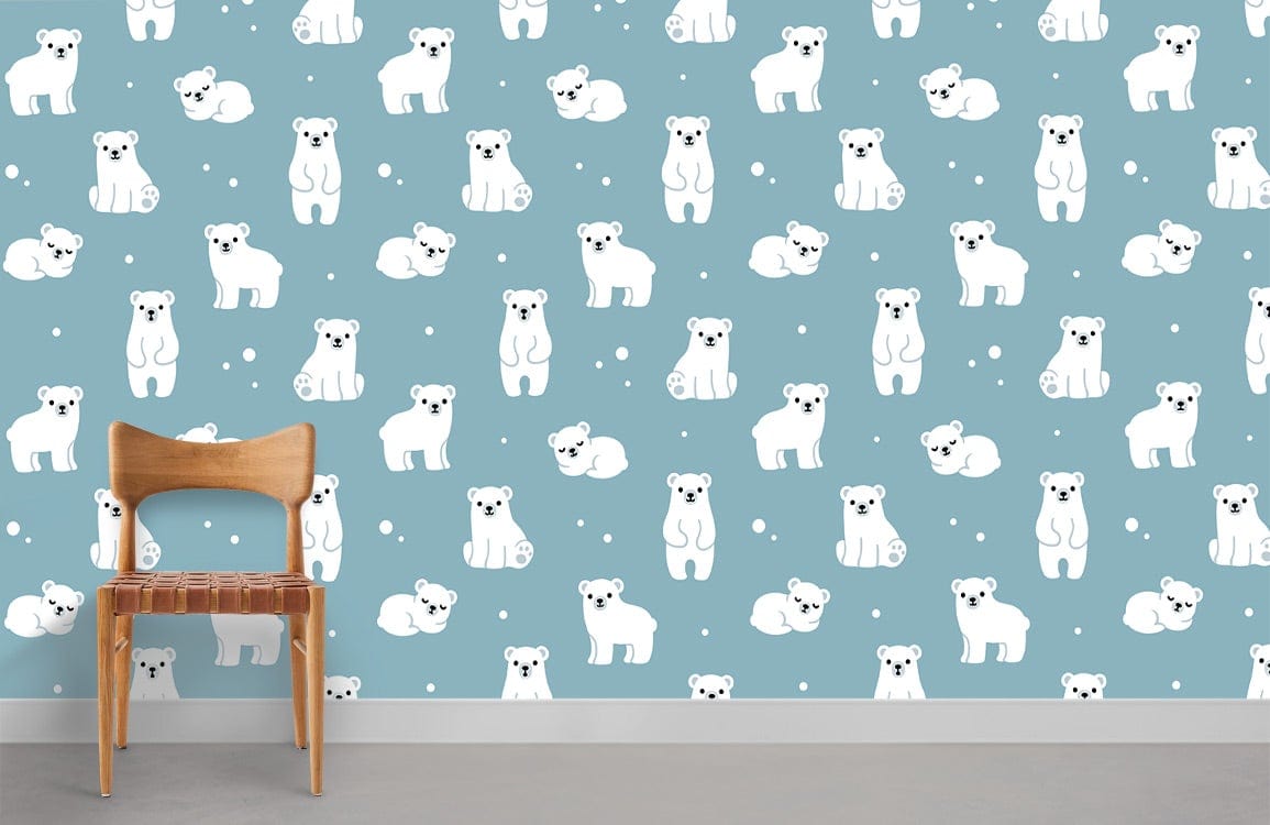 Polar Bear Wonderland wallpaper in nursery with wooden chair, grey flooring; soothing blue bear pattern.