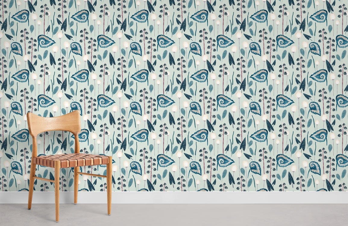 Vintage blue floral wallpaper with retro botanical design, wooden chair, concrete flooring in minimal room.