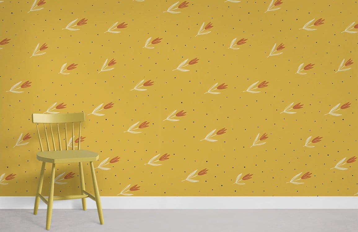 Vintage mustard floral wallpaper with retro tulip design, yellow chair, white skirting, grey flooring.