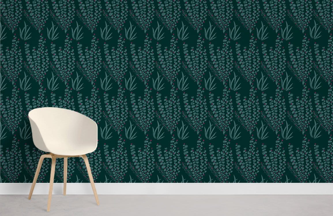 Elegant botanical greenery dark floral wallpaper mural with white chair on light wood flooring, living room.