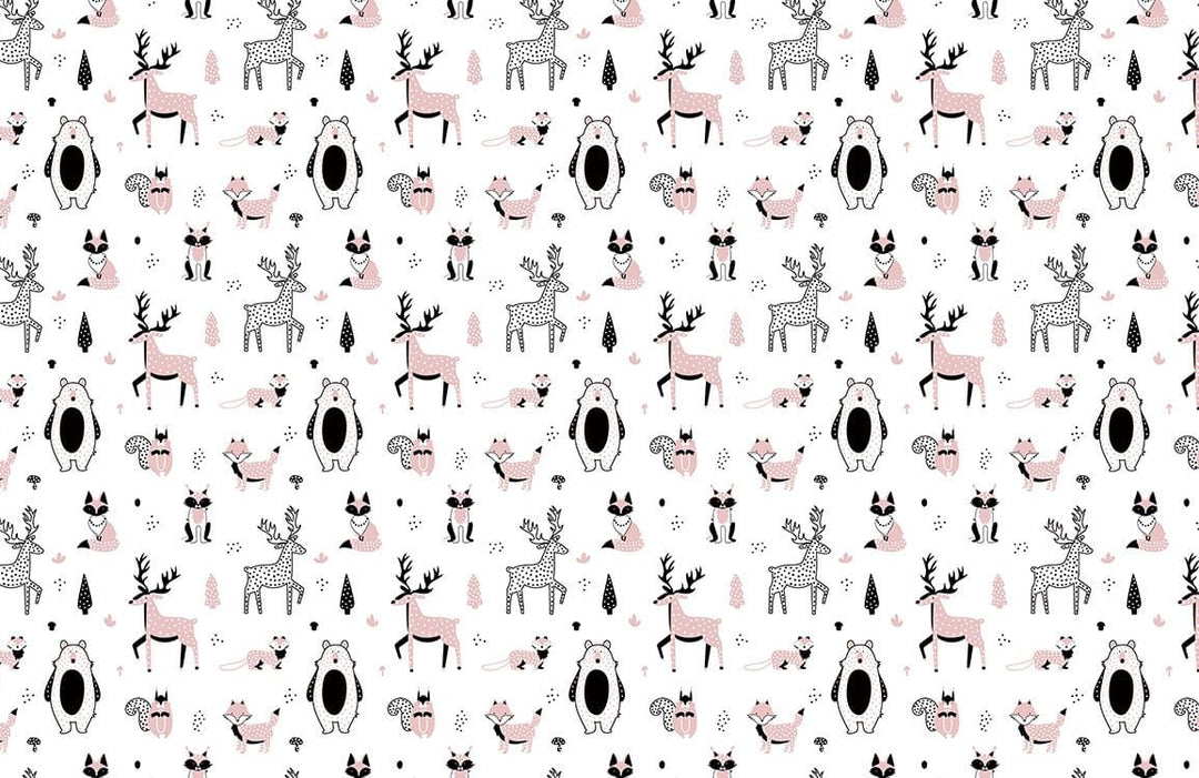 Scandinavian Woodland Creatures Pink and Grey Children's Room Wallpaper