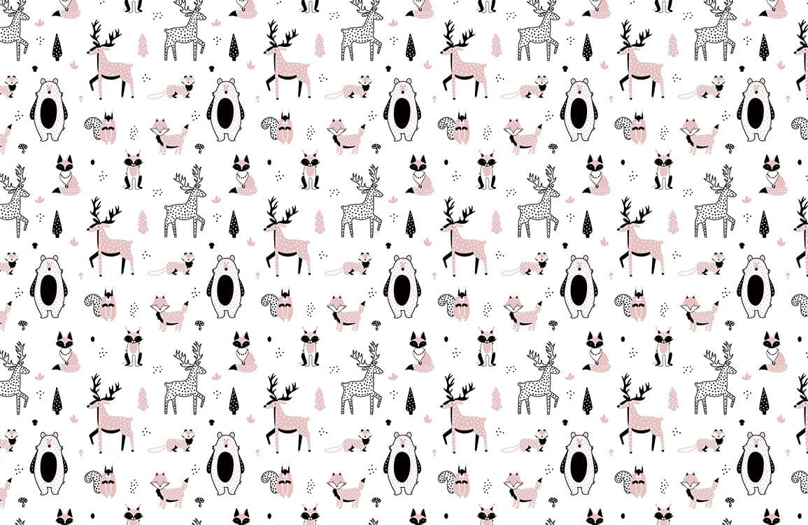 Scandinavian Woodland Creatures Pink and Grey Children's Room Wallpaper