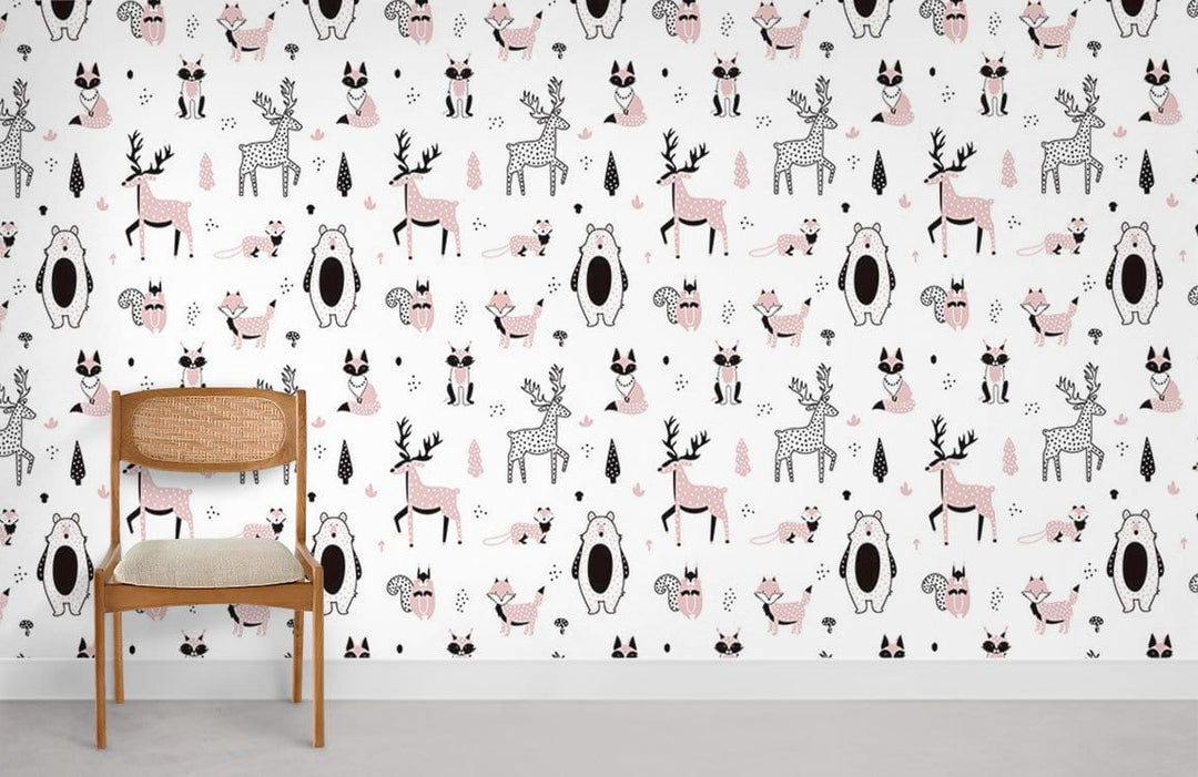 Scandinavian woodland creatures wallpaper in a children's room with wooden chair and grey flooring.
