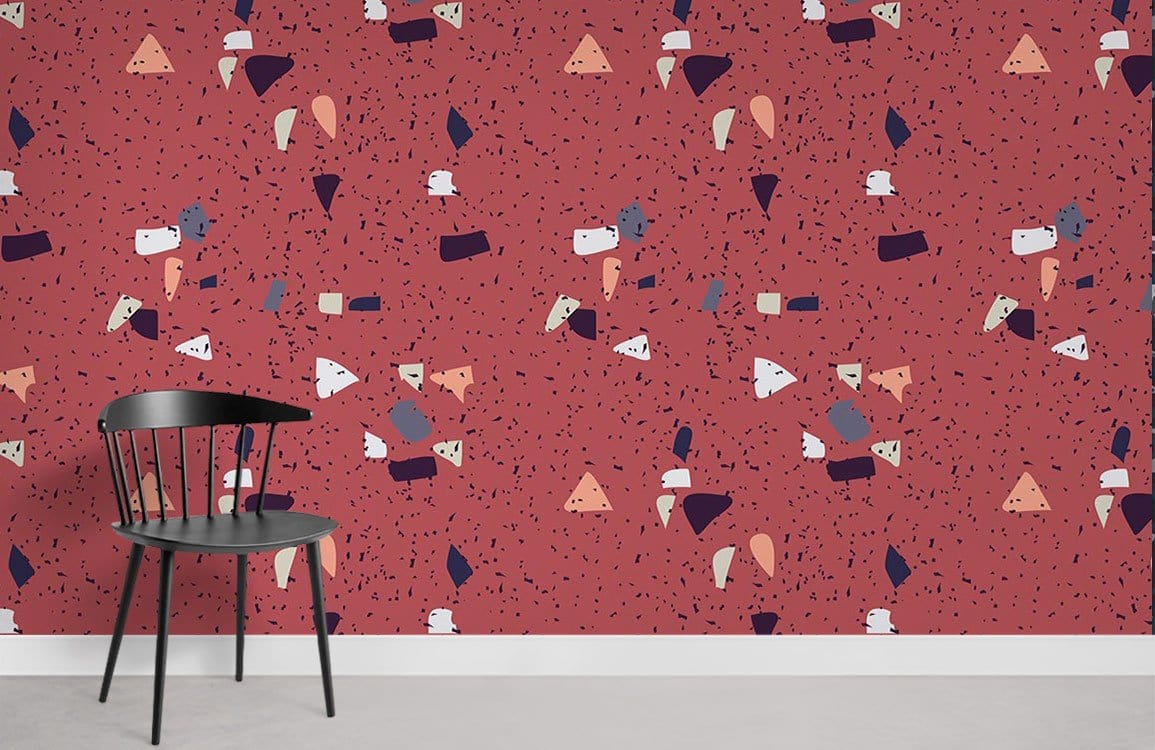Retro abstract terracotta geometric wallpaper, stylish black chair, neutral flooring, modern interior decor.