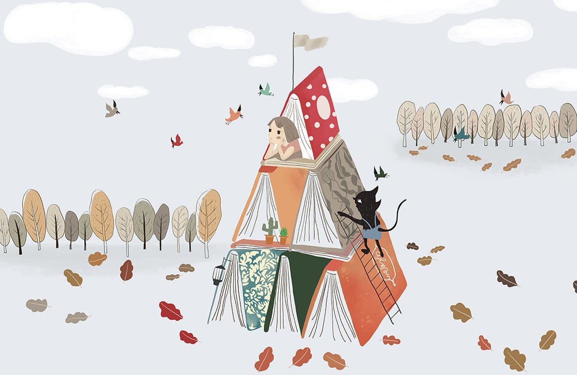 Whimsical Autumn Adventure Mural Wallpaper with Books and Cats Design