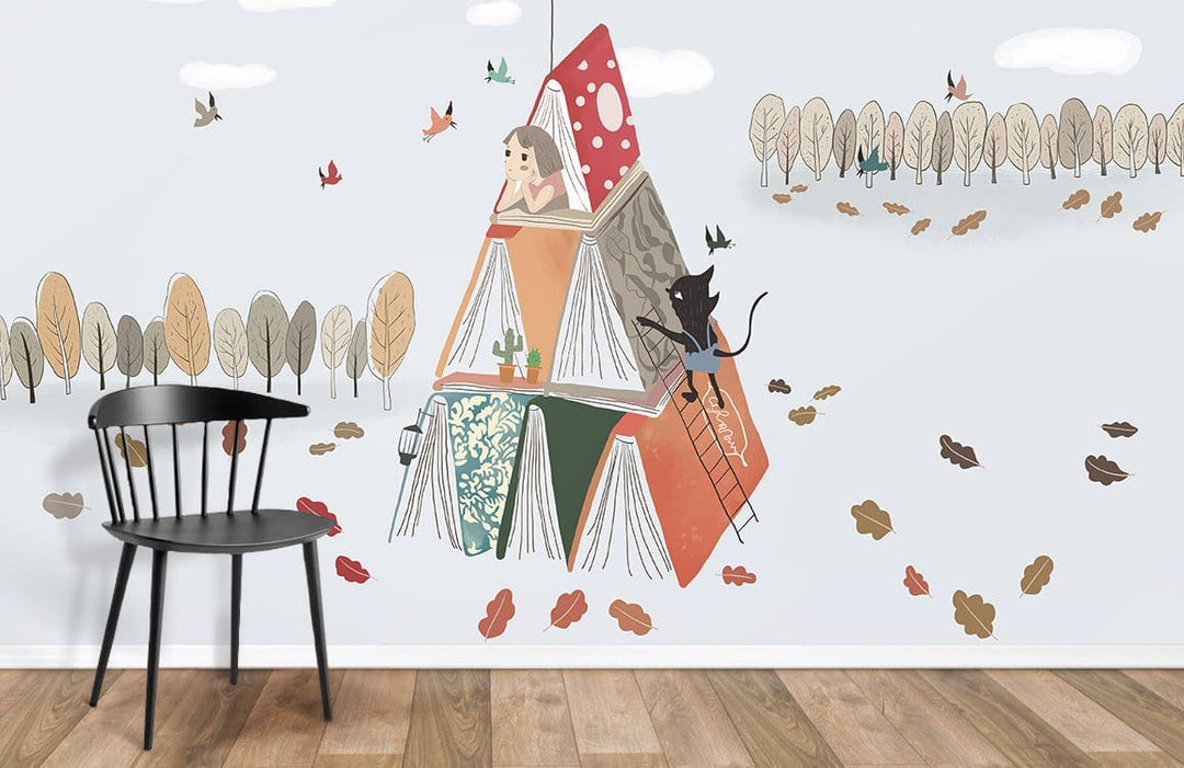 Whimsical mural wallpaper with cats illustration in a minimalist room, featuring wooden flooring and black chair.