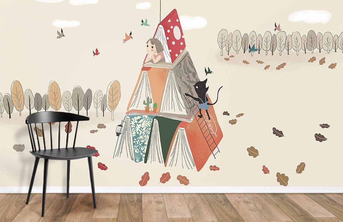 Whimsical children's mural with woodland theme, black chair, wooden flooring in nursery room setting.