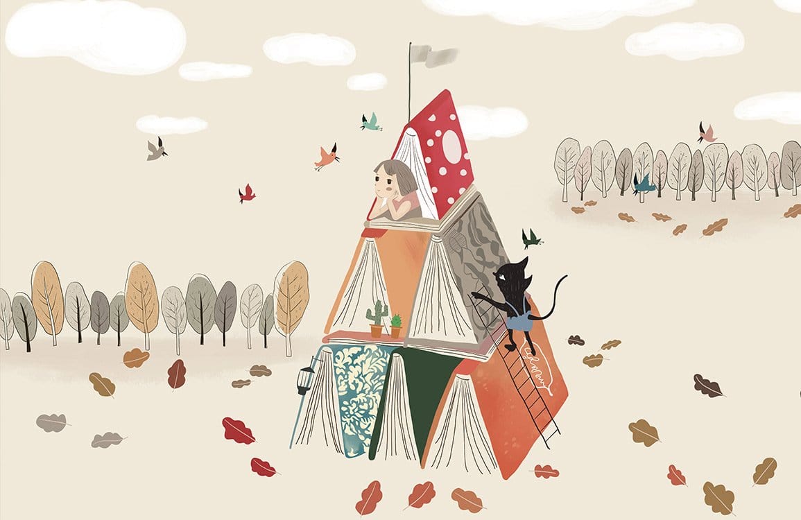 Whimsical Autumn Adventure Kids' Mural Wallpaper in Soft Earthy Colours