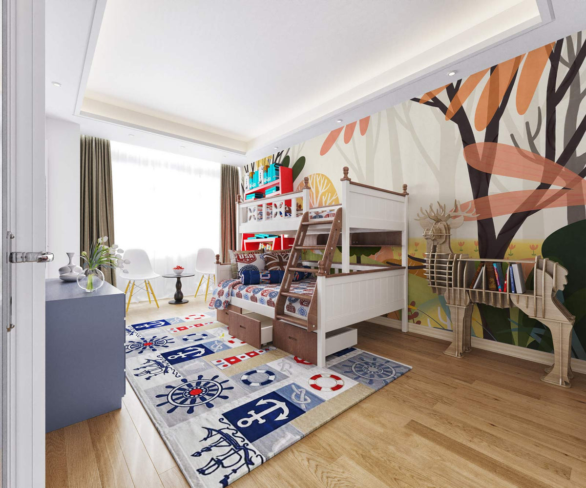 Whimsical Forest Mural Wallpaper: Autumn Colours, Musical Theme, Children's Room, Wooden Flooring, Colourful Rug.