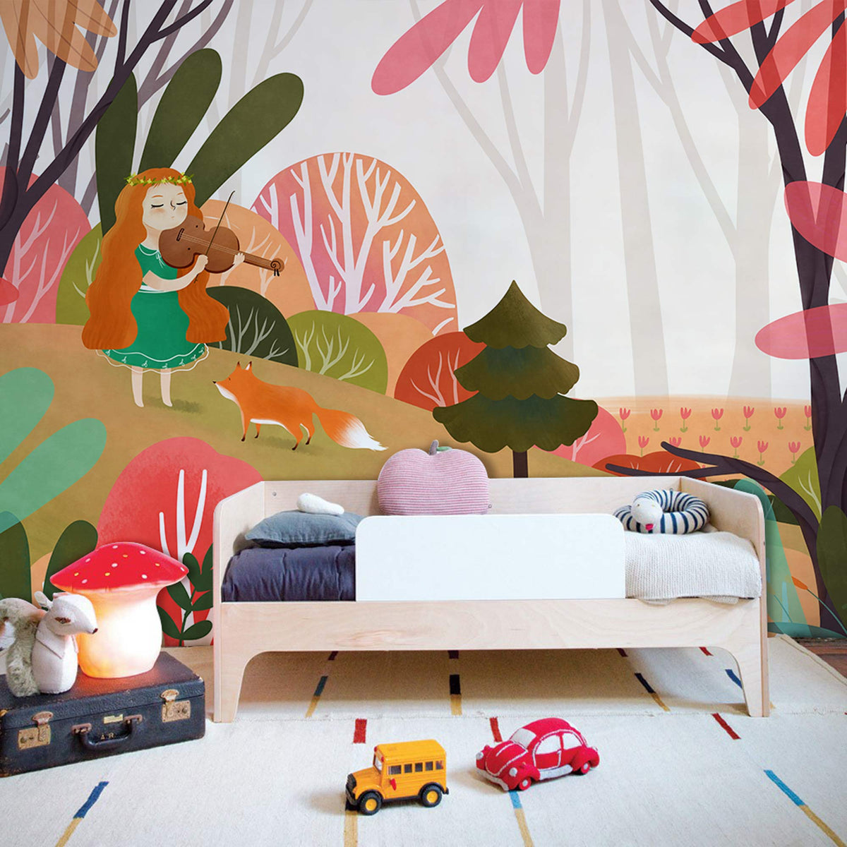 Whimsy design in child's room with Enchanted Woodland Mural, featuring fox, on white walls, colourful rug.