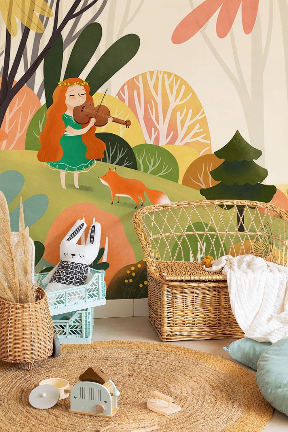 Enchanted Woodland wallpaper with whimsical forest scene, featuring fox, wicker chair, and rustic decor.