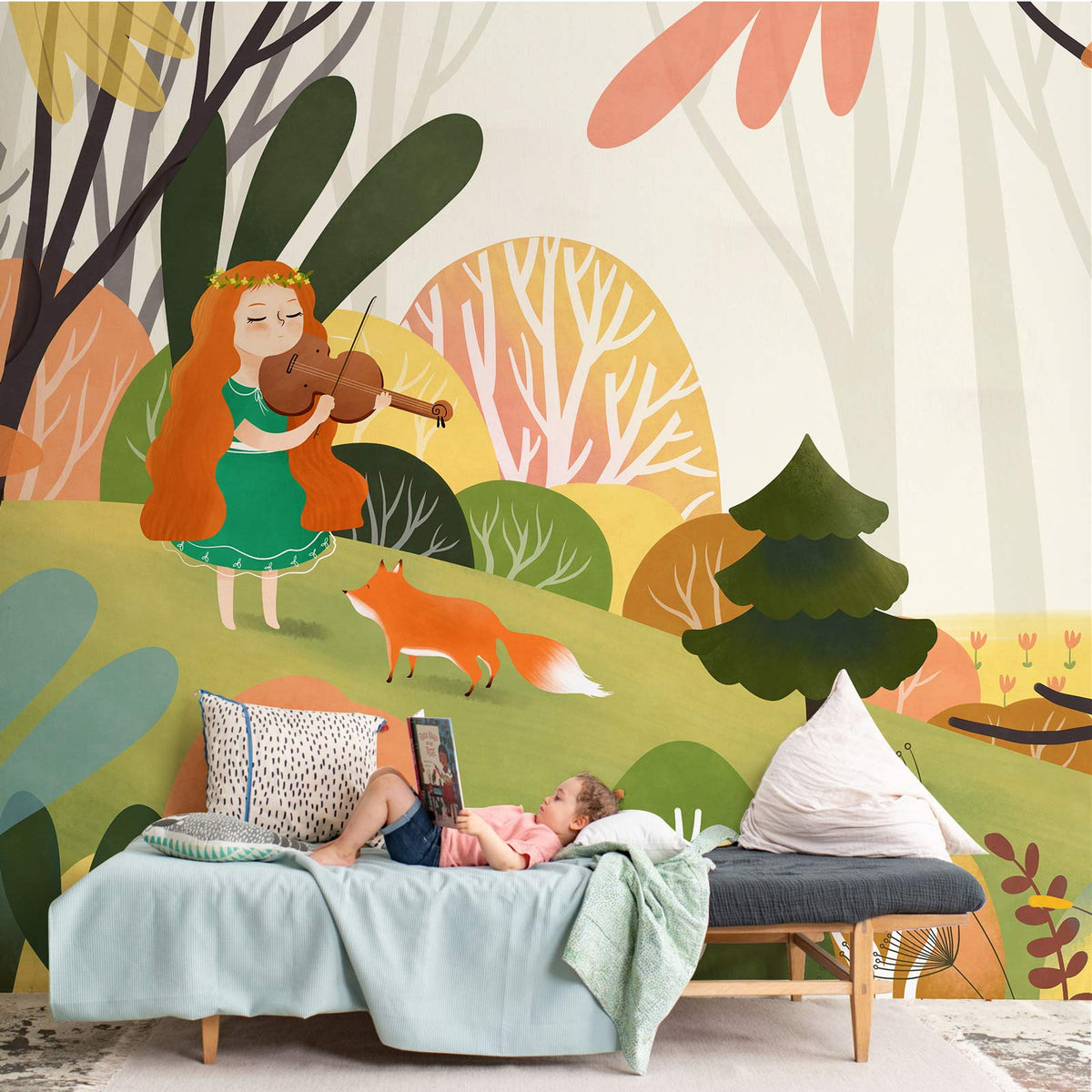 Whimsical Forest Mural Wallpaper with autumn colours, musical theme, vibrant sofa, cosy children's room setting.