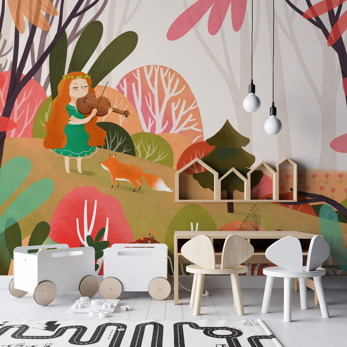 Whimsical forest wallpaper, children's room, modern white flooring, playful furniture, Pendant lights; fox mural.