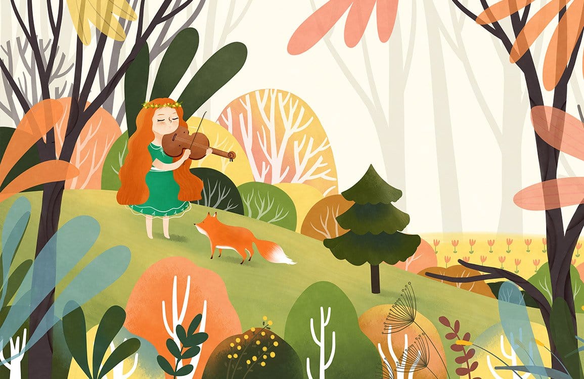 Whimsical Forest Mural Wallpaper with Vibrant Autumn Colours and Musical Theme