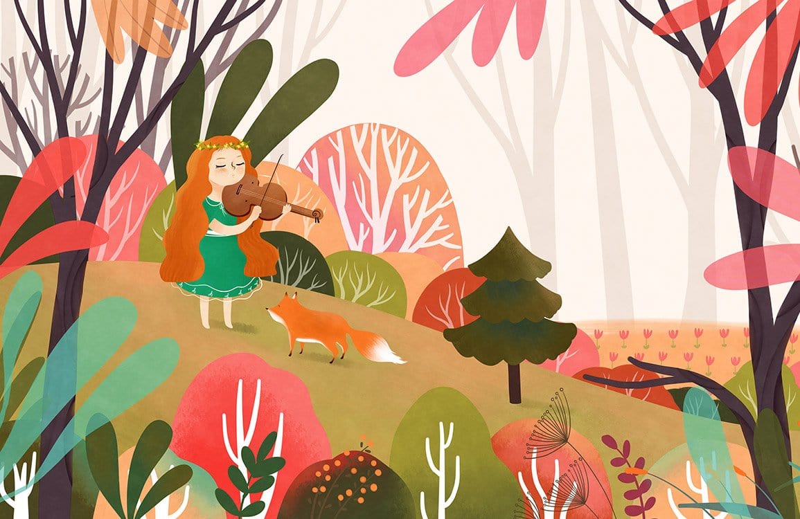 Enchanted Woodland Music Mural Wallpaper - Whimsical Forest Scene with Fox