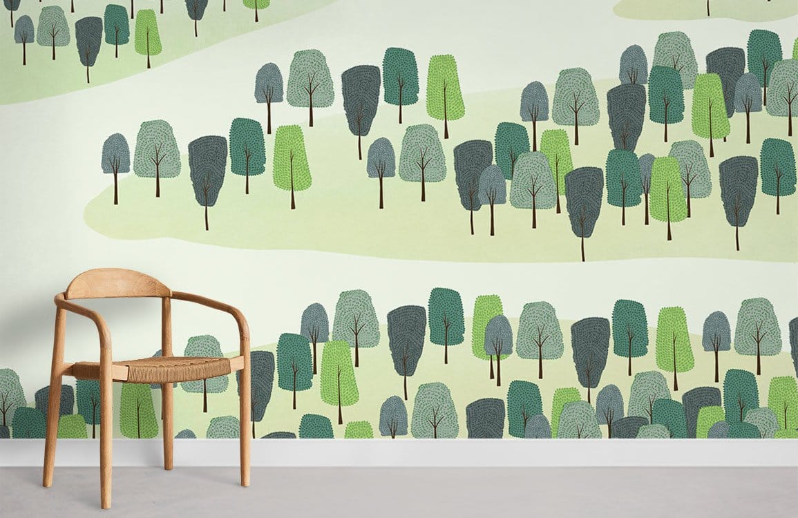 Calm Green Forest Landscape Pattern Wallpaper, wooden chair, modern interior design, neutral flooring.