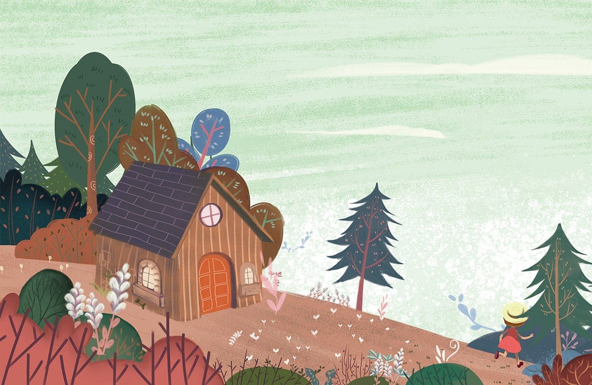 Whimsical Woodland Cottage Mural Wallpaper - Pastel Green & Earthy Charm