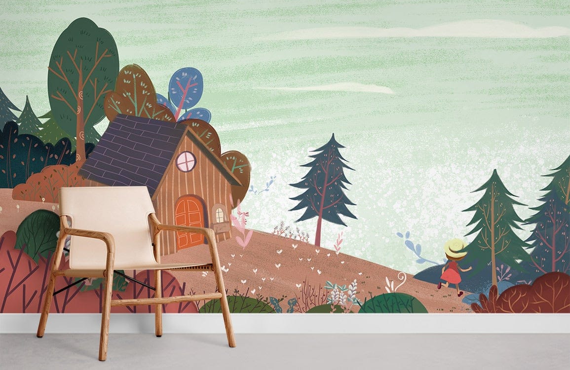 Whimsical woodland cottage mural with pastel green hues, earthy charm, and modern beige chair.