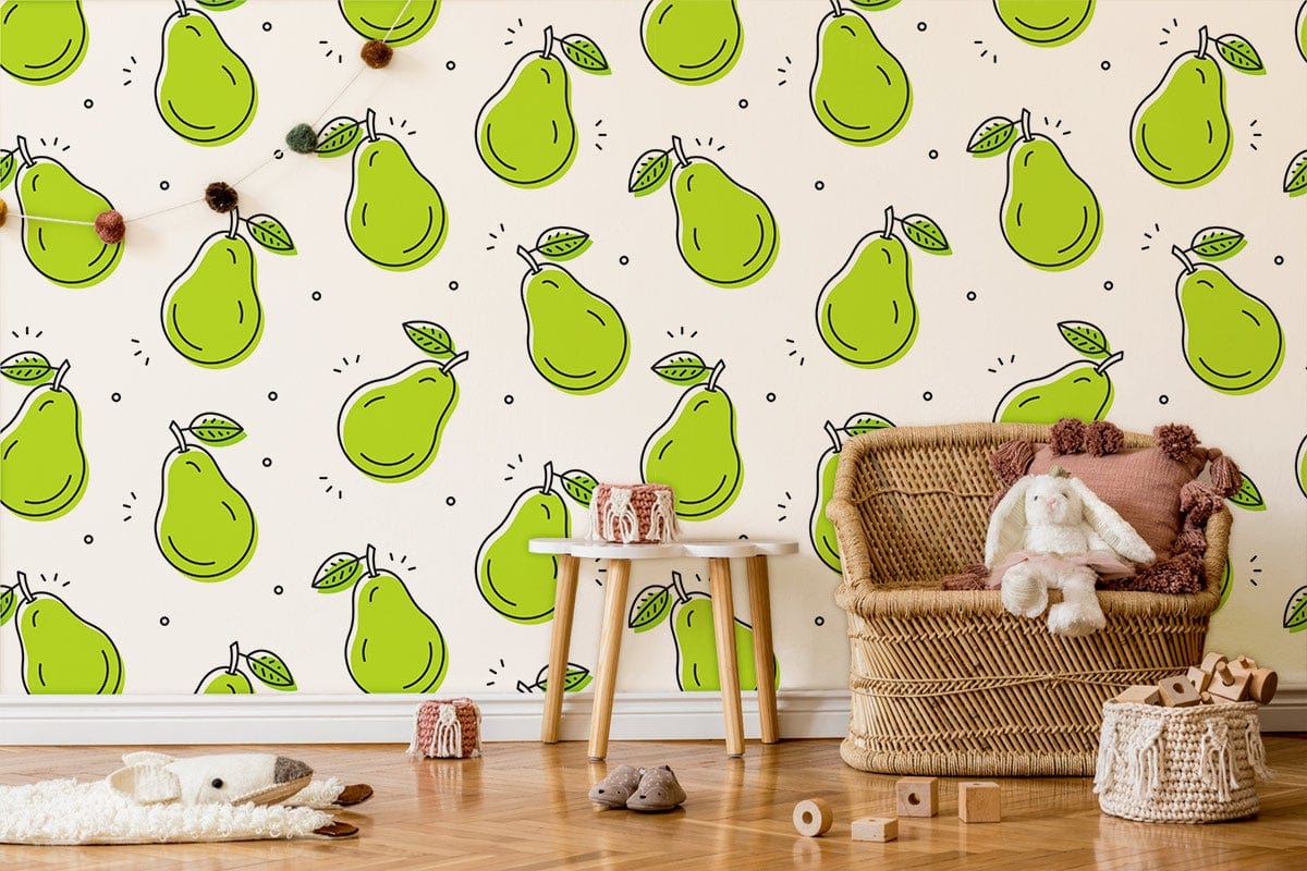 Vibrant Green Pear Wallpaper enhances room with wicker chair, wooden floor, neutral tones, playful decor.