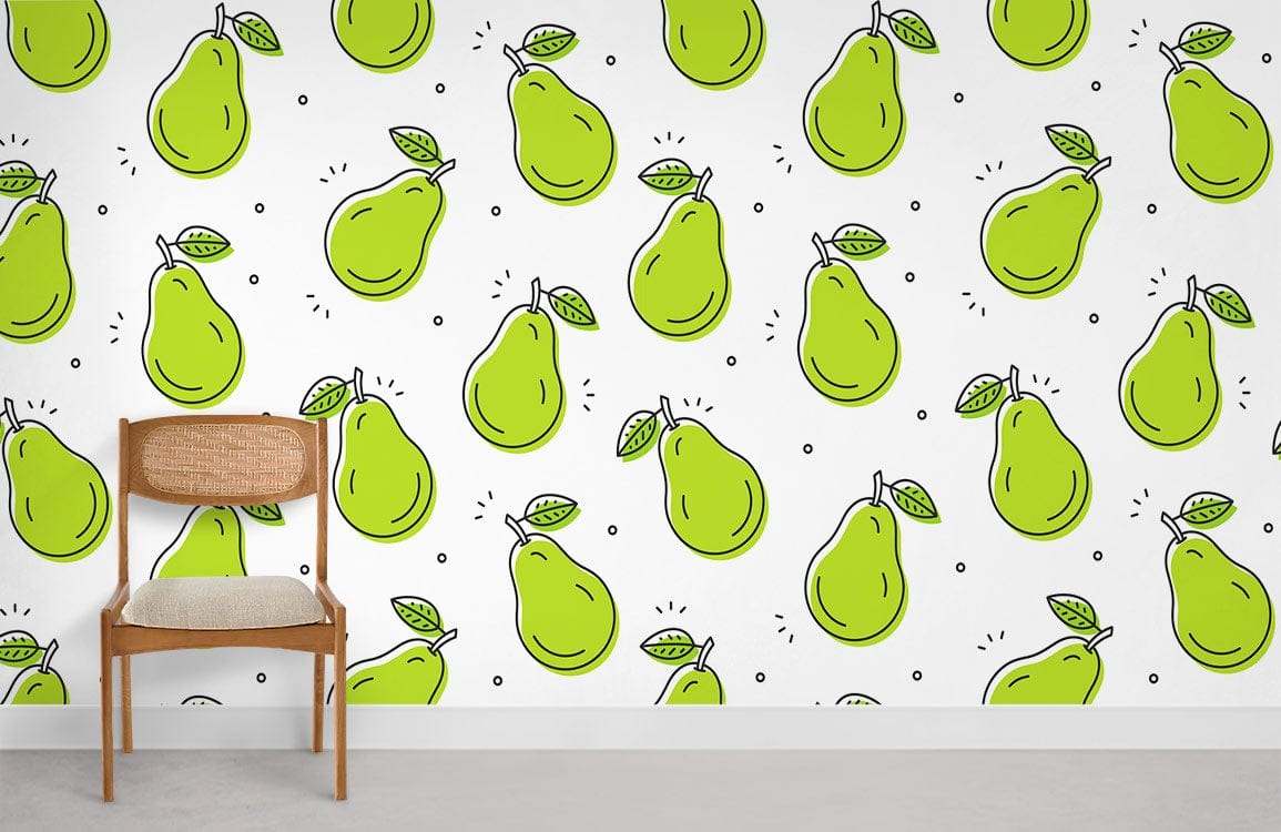Vibrant pear pattern wallpaper featuring chair, white wall, in modern interior decor. Fresh, lively design.