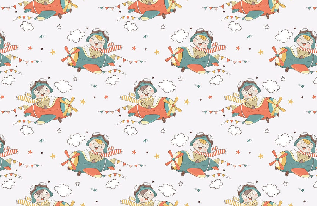 Playful Vintage Aviator Kids' Mural Wallpaper, Multicolour Adventure Theme Design