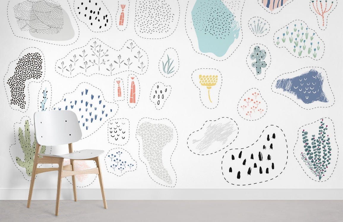 Abstract Pastel Geometric Pattern Wallpaper; modern Scandinavian wall design with wooden chair, light flooring.