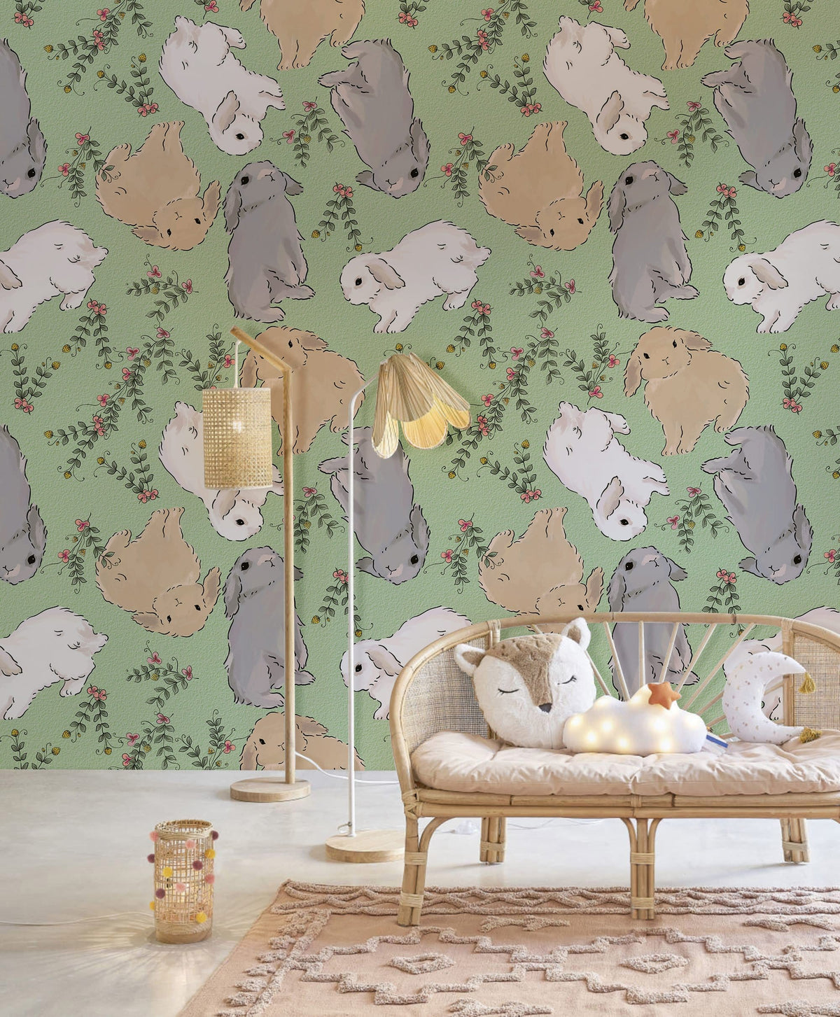 Whimsical Pastel Bunny Wallpaper in children's room with rattan sofa, playful decor, and soft flooring.