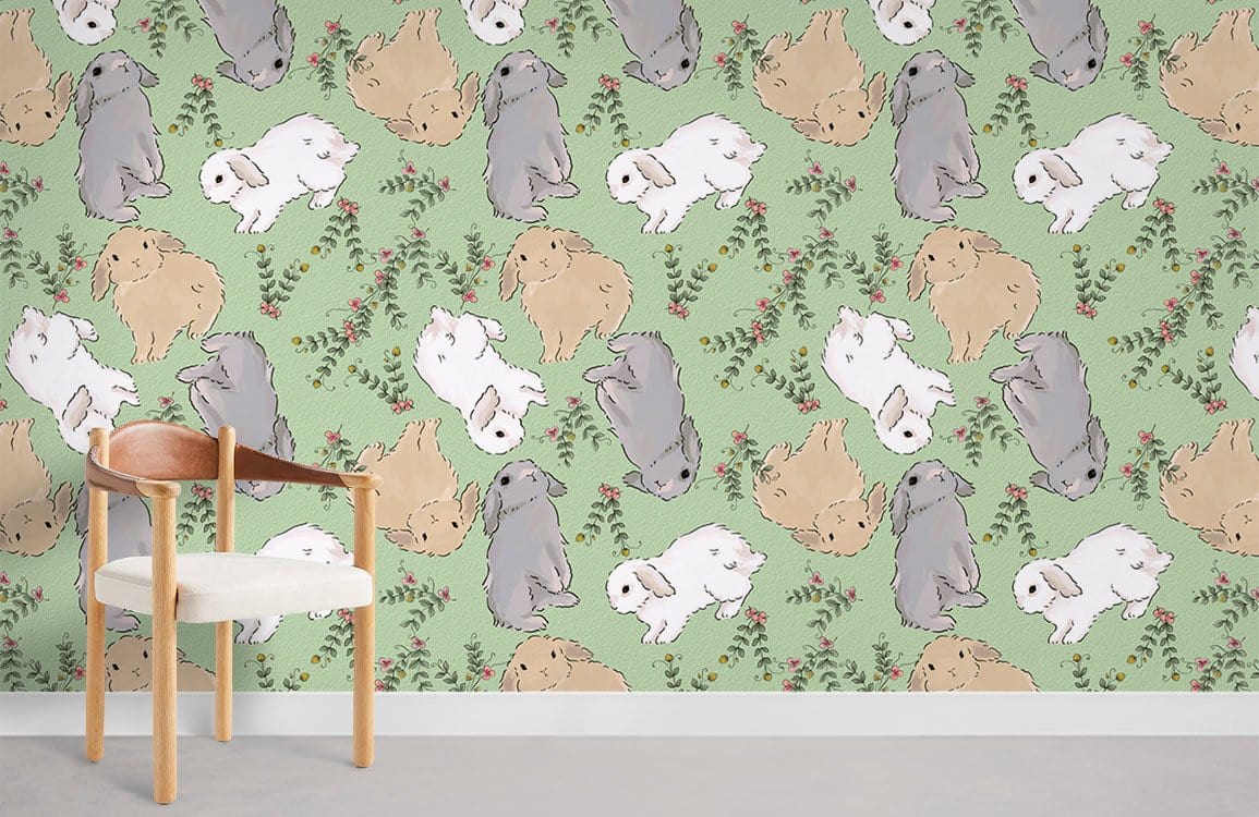 Whimsical pastel bunny pattern wallpaper in children's room, wooden chair, soft green wall, playful decor.