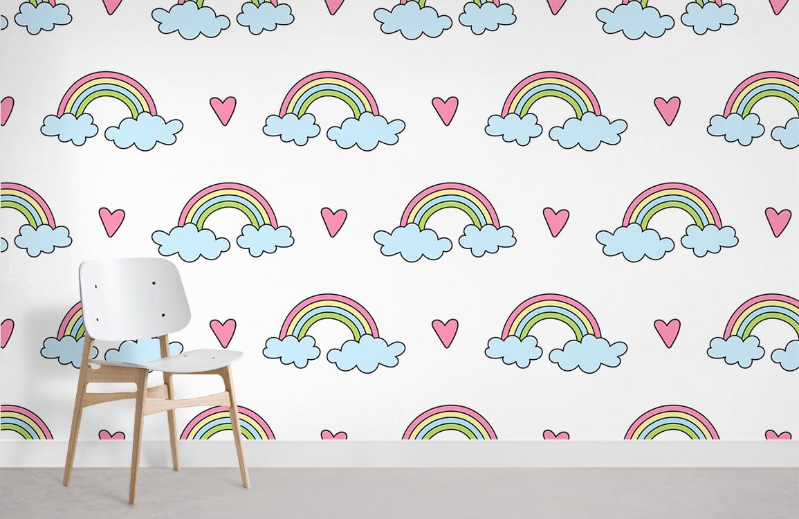 Whimsical pastel rainbow nursery wallpaper with a white modern chair, light grey flooring, colourful clouds.