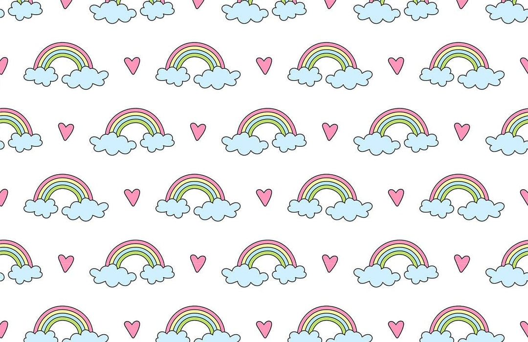 Whimsical Pastel Rainbow and Hearts Cloud Pattern Nursery Wallpaper Décor