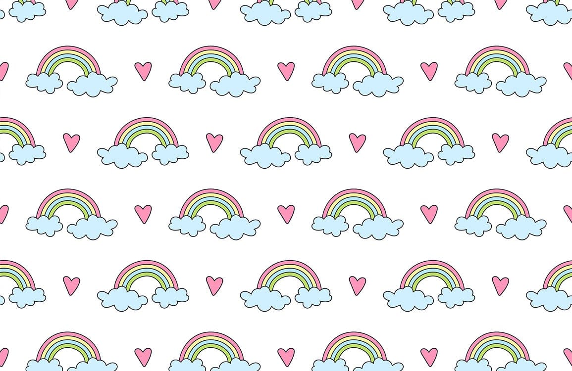 Whimsical Pastel Rainbow and Hearts Cloud Pattern Nursery Wallpaper Décor