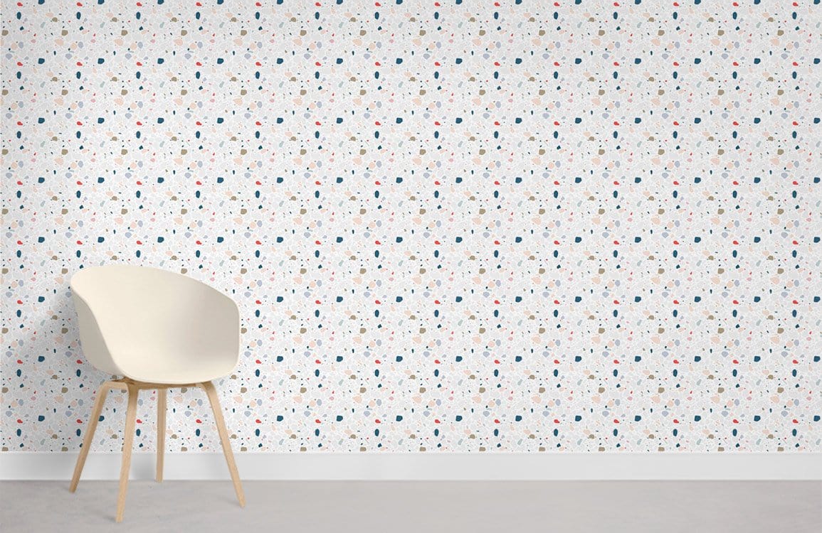 Charming Multicolour Polka Dot Wallpaper in a modern room with white chair and grey flooring.