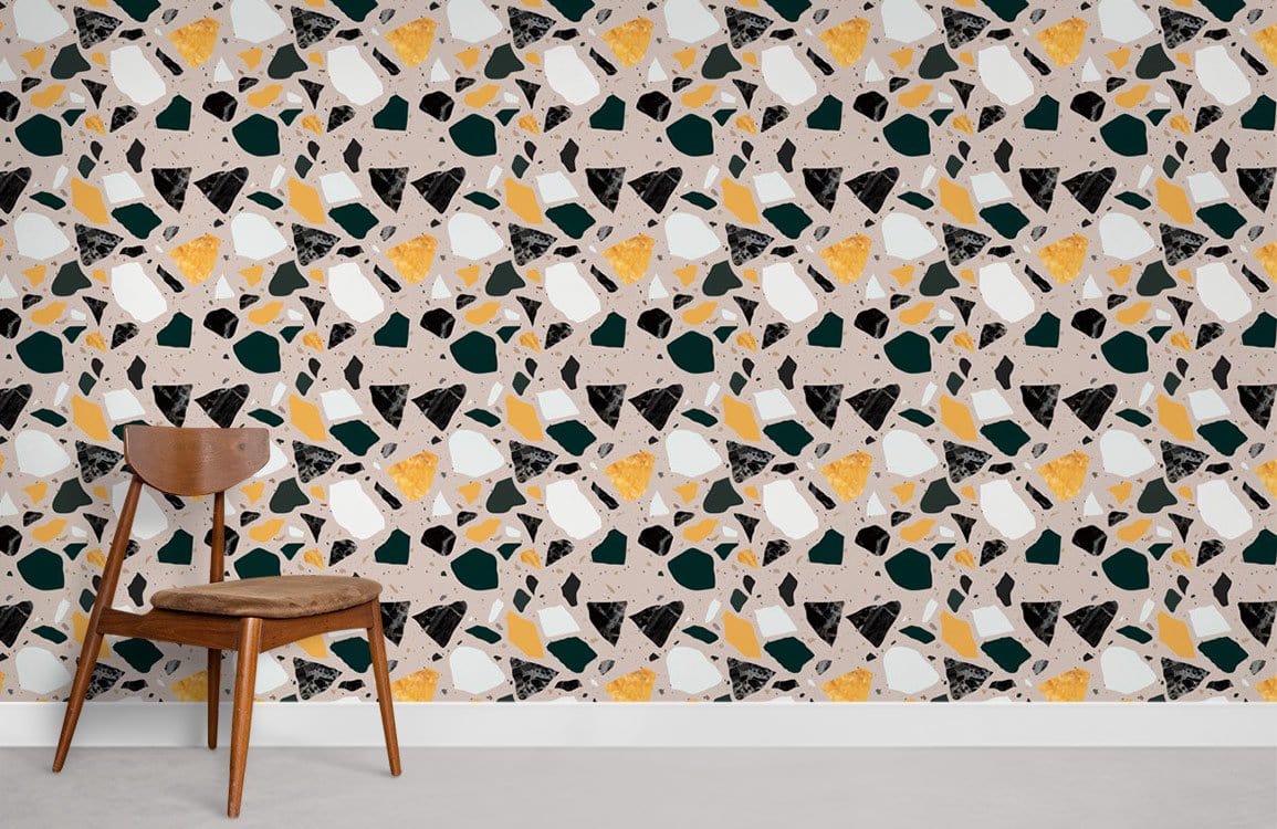Eclectic geometric wallpaper in earthy tones, wooden chair, neutral flooring, interior design inspiration.